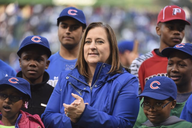 Laura M. Ricketts (C) co-owner of the Chicago Cubs before the game between the Chicago Cubs and the Cincinnati Reds on April 14, 2016 at Wrigley Field in Chicago, Illinois.