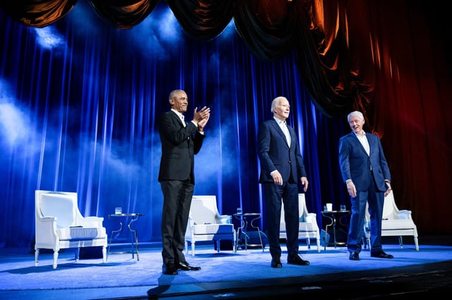 Barack Obama, President Joe Biden, and Bill Clinton during a campaign fundraising event at Radio City Music Hall in New York City on March 28, 2024.