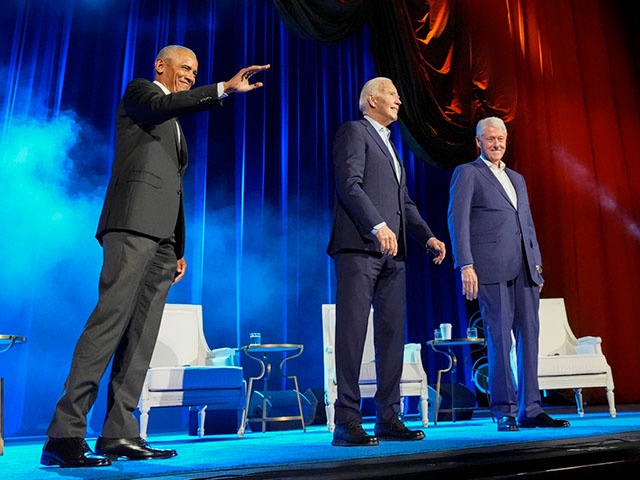 President Joe Biden and former presidents Barack Obama and Bill Clinton participate in a fundraising event with Stephen Colbert at Radio City Music Hall, Thursday, March 28, 2024, in New York. (AP Photo/Alex Brandon)