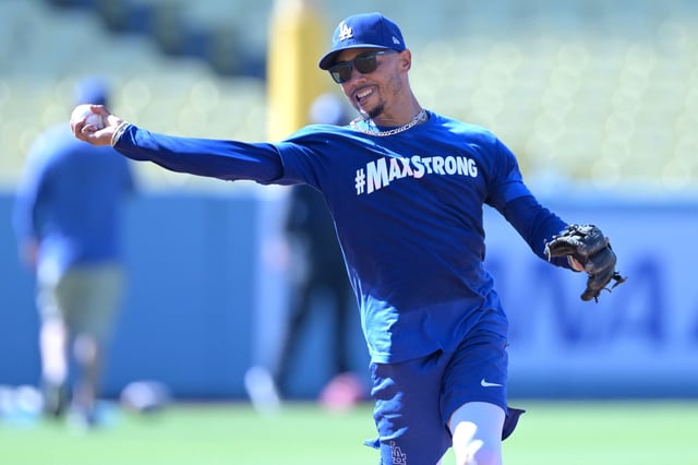Mookie Betts fields ground balls prior to the Los Angeles Dodgers' game against the Philadelphia Phillies at Dodger Stadium.