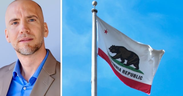 (L) This X screen shot shows Matthew Garrett. (R) A view of the California State flag at the 9th Annual LGBTQ+ Night at Dodger Stadium at Dodger Stadium on June 3, 2022 in Los Angeles, California. (@DrMattGarrett / X Screen Shot ; Rodin Eckenroth / Getty Images)