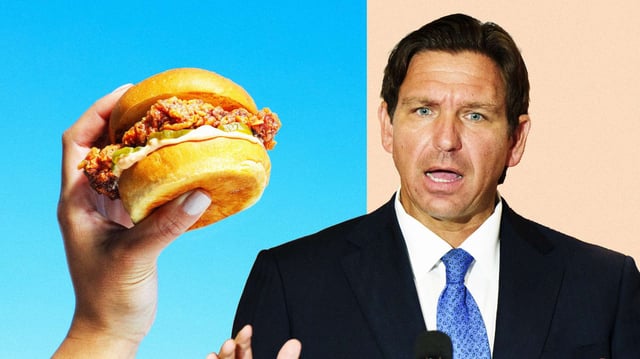 Ron DeSantis next to a lab-grown chicken sandwich.
