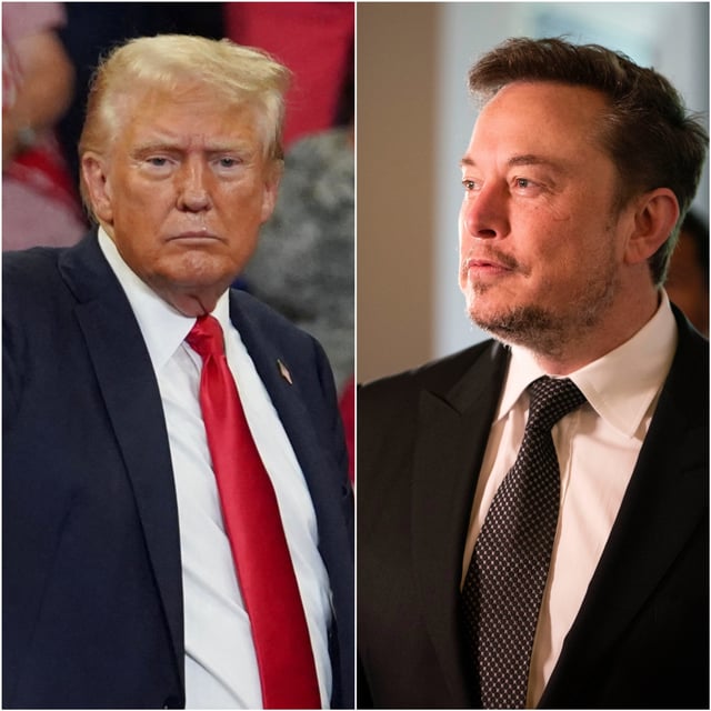 Left: Republican presidential nominee Donald Trump gestures during a campaign rally held with Republican vice presidential nominee Senator JD Vance, in Atlanta, Georgia, U.S., Aug. 3, 2024. Right: Elon Musk, arrives before the start of Senate Majority Leader Chuck Schumer, Senators Rounds, Heinrich And Young hosting the Inaugural Artificial Intelligence Insight Forum With Key AI Stakeholders.