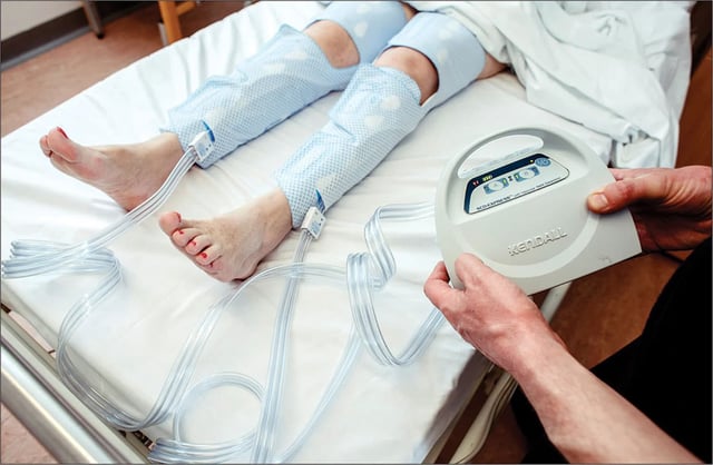 A sequential compression system with comfort sleeves applied to a patient's legs. Credit: Covidien/MA/USA