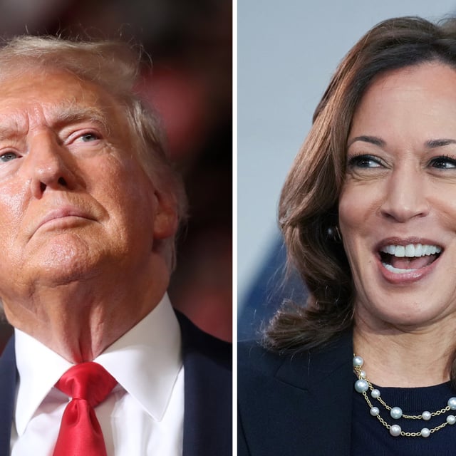 Republican presidential nominee, former U.S. President Donald Trump speaks at a rally on July 31, 2024 in Harrisburg, Pennsylvania. Democratic presidential candidate U.S. Vice President Kamala Harris speaks at a campaign rally at United Auto Workers Local 900 on August 8, 2024 in Wayne, Michigan.