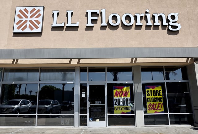 The LL Flooring logo is displayed at one of the LL Flooring retail locations which will close on August 12, 2024 in Torrance, California. The specialty flooring company, formerly called Lumber Liquidators, filed for Chapter 11 bankruptcy yesterday and is closing 94 locations across the U.S.
