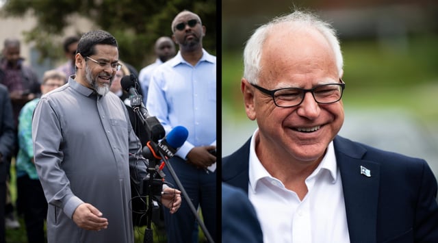 Minnesota Gov. Tim Walz (right) says he has no 'personal relationship' with Imam Asad Zaman (left) who praised Hamas’ Oct. 7 attack and shared a link to a pro-Hitler video. (Aaron Lavinsky/Star Tribune via Getty Images. Stephen Maturen/Getty Images)