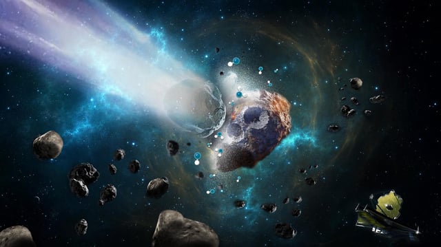 An SwRI-led team used NASA’s Webb telescope, shown in the bottom right corner of this illustration, to confirm the presence of hydrated minerals on the surface of Psyche, a massive and heavily metallic body in the main asteroid belt. These findings suggest a complex history for this interesting asteroid, which many scientists think could be the remnant core of a protoplanet, including impacts with hydrated asteroids. Credit: Southwest Research Institute
