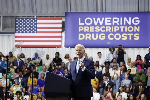 LARGO, MARYLAND - AUGUST 15: U.S. President Joe Biden gives remarks at Prince George’s Community College on August 15, 2024 in Largo, Maryland. Biden and U.S. Vice President Kamala Harris held the event to talk about their administration's efforts to lower drug costs. This event is the first time President Biden and Vice President Harris have appeared in public together since Biden announced he would be stepping down from running for re-election. (Photo by Anna Moneymaker/Getty Images)
