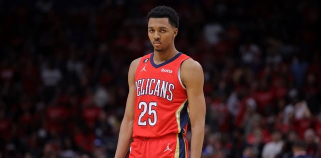 Trey Murphy III #25 of the New Orleans Pelicans reacts against the Oklahoma City Thunder during a game at the Smoothie King Center on April 12, 2023 in New Orleans, Louisiana.