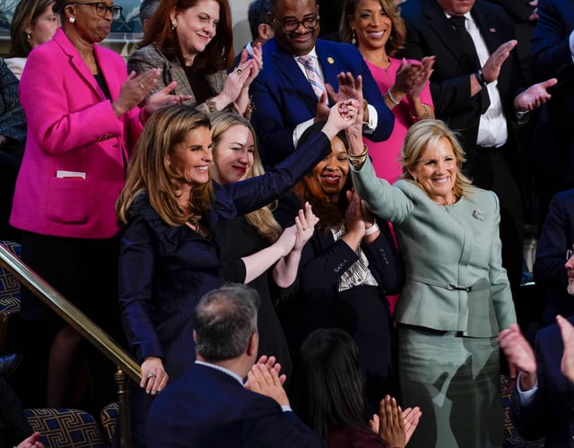 (L-R) Activist and author Maria Shriver, Kate Cox, who was denied emergency abortion care by the Texas Supreme Court Latorya Beasley who recently had an IVF embryo transfer cancelled following the result of a recent Alabama Supreme Court decision and First Lady Jill Biden during President Joe BidenÕs State of the Union address to Congress at the U.S. Capitol in Washington on March 7, 2024.