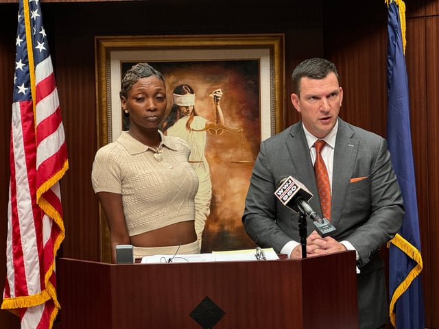 Latoreya Till, mother of Eva Goodman, stands with her attorney Gary Felty during a press conference in Southfield, on Wednesday, Aug. 21, 2024.