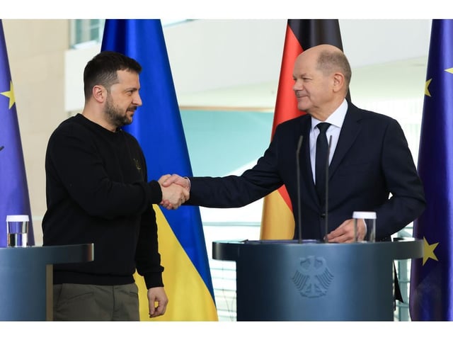 Olaf Scholz and Volodymyr Zelenskiy in Berlin, Germany, on Feb. 16.