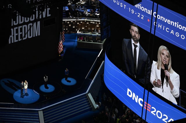 Amanda Zurawksi and Josh Zurawski speak about reproductive rights on the first day of the Democratic National Convention in Chicago, Illinois, on August 19, 2024.
