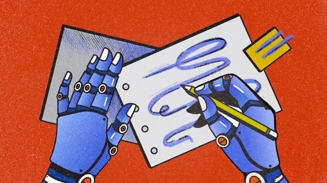 robot drawing on paper. technology for programmatic advertising