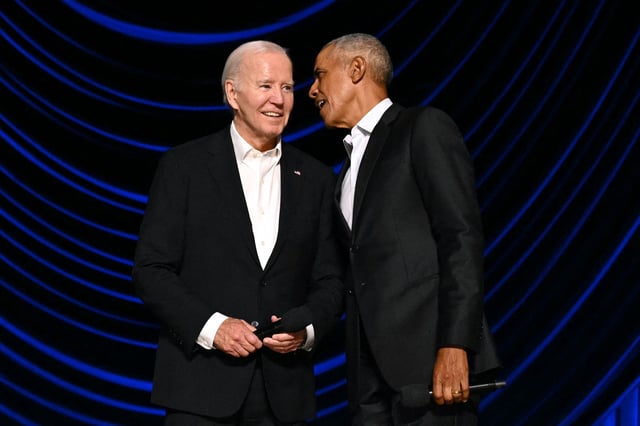 President Joe Biden and former President Barack Obama at a campaign fundraiser in Los Angeles on June 15, 2024.