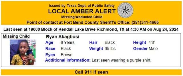 An AMBER Alert for Ryan Akabusi, 8, has been discontinued after his body was found in a Texas lake.
