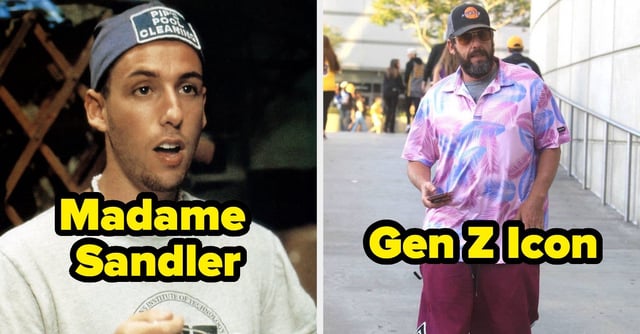 Adam Sandler wearing a suit and tie (left image) and dressed casually in a pink and blue Hawaiian shirt, red basketball shorts, and white sneakers (right image)