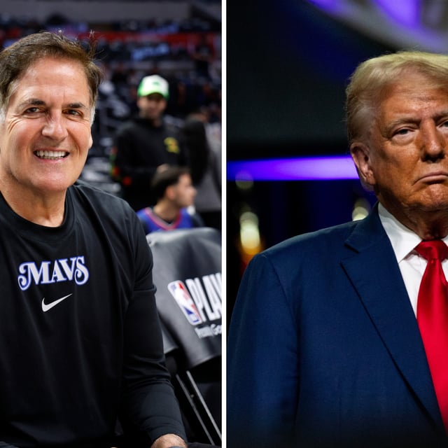 Mark Cuban (L) attends the Round 1 Game 2 of the 2024 NBA Playoffs between the Los Angeles Clippers and the Dallas Mavericks game  on April 23, 2024 in Los Angeles, California. (R) Donald Trump during the National Guard Association of the United States' 146th General Conference & Exhibition at Huntington Place Convention Center on August 26, 2024 in Detroit, Michigan. Cuban slammed Trump's comments on the car industry.