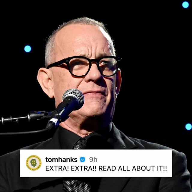 A man in a suit stands at a microphone on stage. At the bottom of the image is a screenshot from Tom Hanks' Instagram.