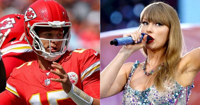 Kansas City Chiefs quarterback Patrick Mahomes, left, has said that Taylor Swift, right, has shown an interest in football - and may be trying to help the team. (David Eulitt / Getty Images ; Kate Green / Getty Images)