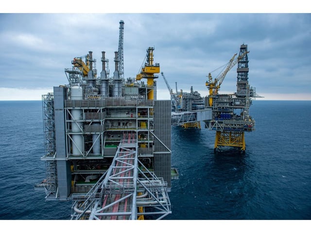 The Equinor ASA offshore oil drilling platform on Johan Sverdrup oil field in the North Sea, Norway, on Monday, Feb. 13, 2023. Equinor, Norway's biggest oil and gas producer, said the second phase of its giant Johan Sverdrup field in the North Sea is now on stream. Photographer: Carina Johansen/Bloomberg