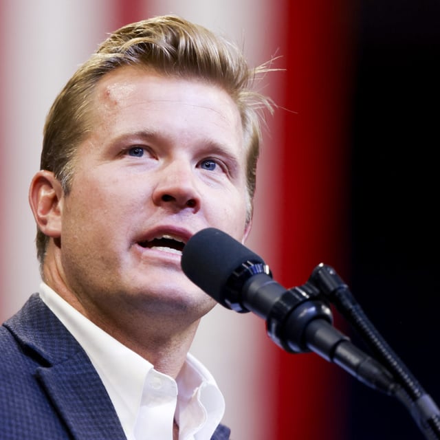 Senate candidate Tim Sheehy speaks during a rally former President Donald Trump on August 9, 2024, in Bozeman, Montana.