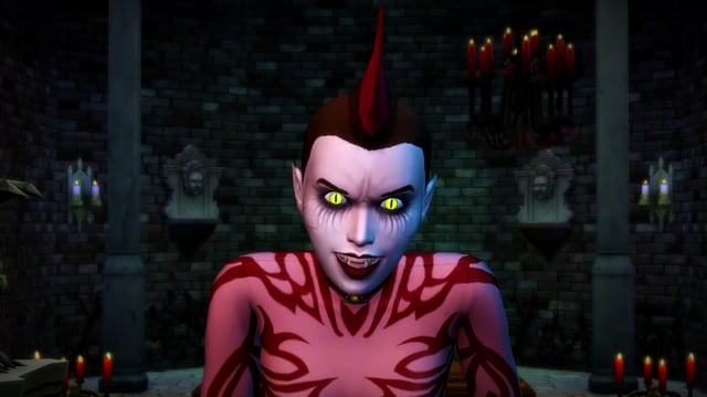 The Sims 4 Vampires trailer screenshot showing a young woman with a red mohawk and glowing eyes staring ahead, her fangs showing