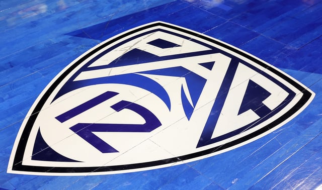 A Pac-12 Conference logo is shown on the court before the Pac-12 Conference women's basketball tournament championship game between the Washington State Cougars and the UCLA Bruins at Michelob ULTRA Arena on March 05, 2023 in Las Vegas, Nevada.