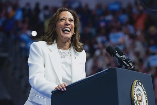 Vice President Kamala Harris speaks at a campaign rally at Enmarket Arena in Savannah, Georgia, on August 29, 2024.