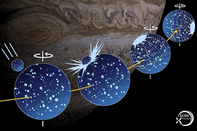 Artist's impression of the large impact that caused Ganymede to reorient itself 4 billion years ago. © HIRATA Naoyuki