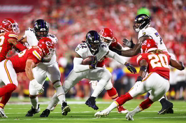 Derrick Henry #22 of the Baltimore Ravens rushes the ball against the Kansas City Chiefs during the first quarter at GEHA Field at Arrowhead Stadium, in Kansas City, Mo., on Sept. 5, 2024.
