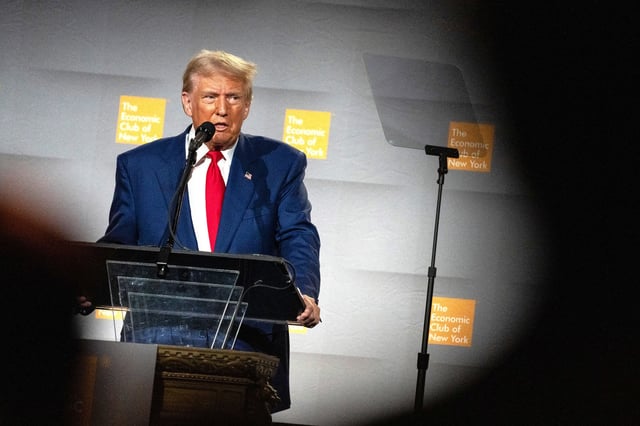 Former President and Republican presidential candidate Donald Trump speaks at the Economic Club of New York on September 5, 2024.