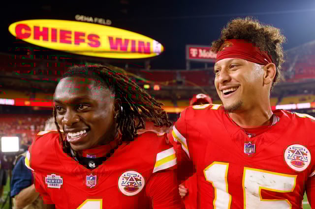 Xavier Worthy #1 and Quarterback Patrick Mahomes #15 of the Kansas City Chiefs celebrate their 27-20 win over the Baltimore Ravens at Arrowhead Stadium on September 05, 2024 in Kansas City, Missouri.