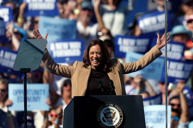 U.S. Vice President and Democratic presidential candidate Kamala Harris speaks during a campaign event at Throwback Brewery in North Hampton, N.H. on Sept. 4. 