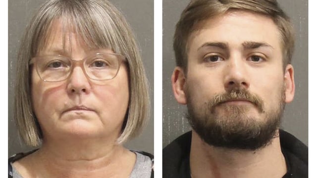 FILE - This booking photo released by the Metro Nashville, Tenn., Police Department, shows Lisa Marie Eisenhart, left, and her son Eric Gavelek Munchel. The Tennessee bartender who carried plastic zip tie handcuffs and a stun gun into the Senate gallery on Jan. 6, 2021, where he was captured in one the most widely shared photos of the U.S. Capitol riot, was sentenced Sept. 8, 2023, to nearly five years in prison. Eisenhart was also sentenced Friday to two-and-a-half years in prison.(Metro Nashville Police Department via AP)