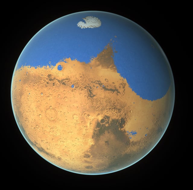 NASA scientists have determined that a primitive ocean on Mars held more water than Earth's Arctic Ocean and that the Red Planet has lost 87 percent of that water to space. Credit: NASA/GSFC