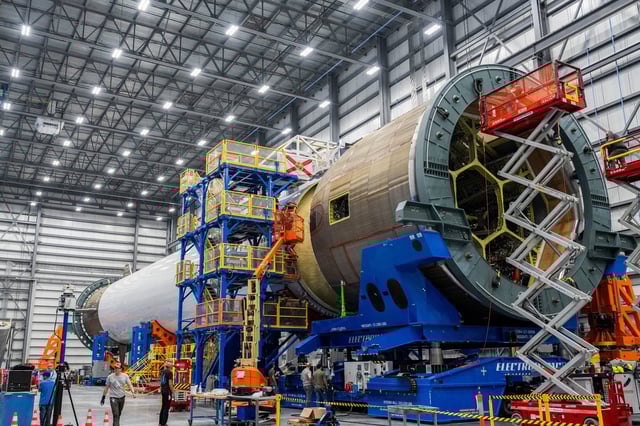 Elements of the New Glenn rocket's first-stage booster are mated at Blue Origin's factory in Florida. (Blue Origin Photo)