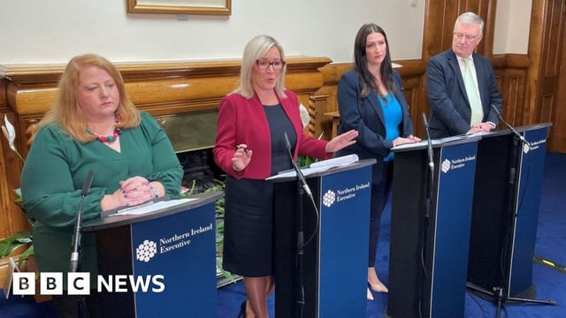 Justice Minister Naomi Long, First Minister Michelle O'Neill, deputy First Minister Emma Little Pengelly and Health Minister Mike Nesbitt during a Stormont Executive press conference at Stormont Castle, Belfast.