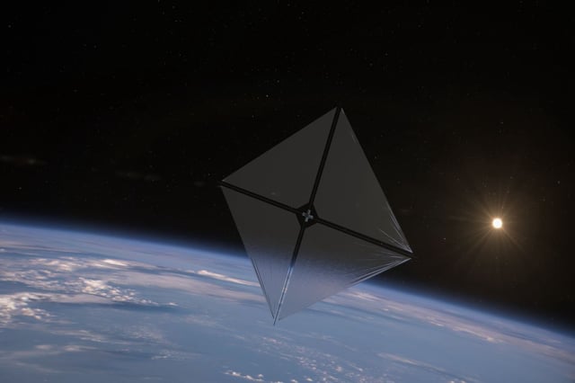 This artist’s concept shows the Advanced Composite Solar Sail System spacecraft sailing in space using the energy of the Sun. © NASA/Aero Animation/Ben Schweighart