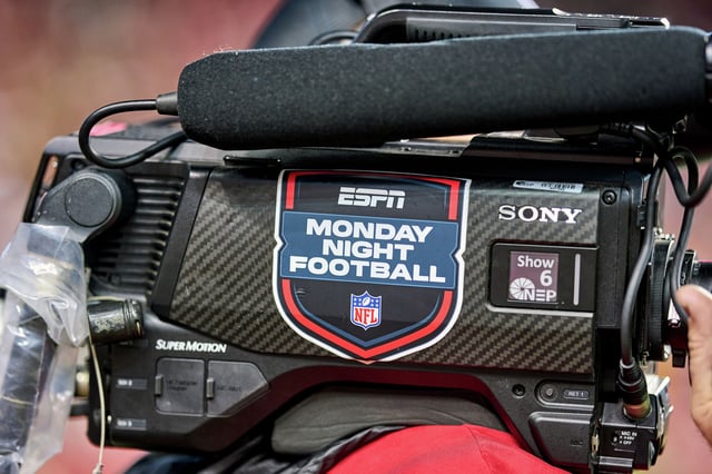 A detail view of an ESPN Monday Night Football NFL logo is seen on a tv camera in action during a game between the San Francisco 49ers and the Baltimore Ravens at Levi's Stadium on December 25, 2023 in Santa Clara, California.