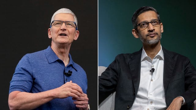 Left: Apple CEO Tim Cook. Right: Sundar Pichai, CEO of Google and Alphabet Inc.