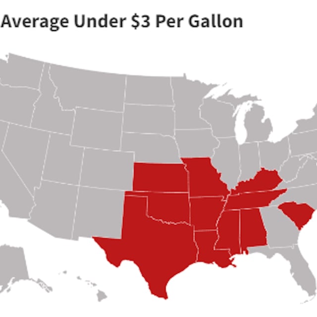 This map, created by Newsweek with data from AAA, shows the states where a gallon of gas was below $3 as of Tuesday.