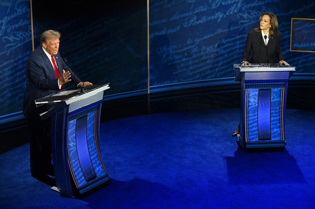 Republican presidential candidate Donald Trump and Democratic presidential candidate Kamala Harris during a presidential debate at the National Constitution Center in Philadelphia, Pennsylvania, on September 10, 2024. 