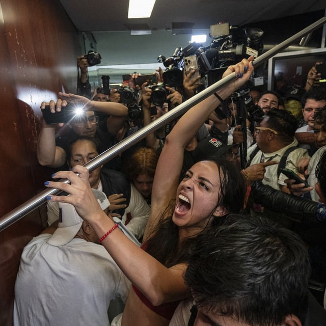 Protesters attempt to break into a room in the Senate as lawmakers weigh the government's proposed judicial reform, which would make judges stand for election, in Mexico City, Tuesday, Sept. 10, 2024.