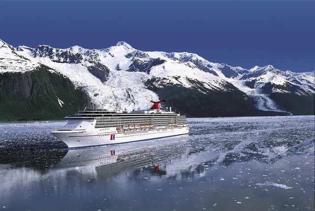 The Carnival Spirit cruise ship, photographed here sailing Alaska, recently collided with an iceberg near the city of Juneau.