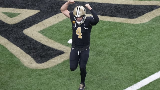 New Orleans Saints quarterback Derek Carr celebrates the team's touchdown against the Tennessee Titans in the second half of an NFL football game in New Orleans, Sunday, Sept. 10, 2023. (AP Photo/Gerald Herbert)