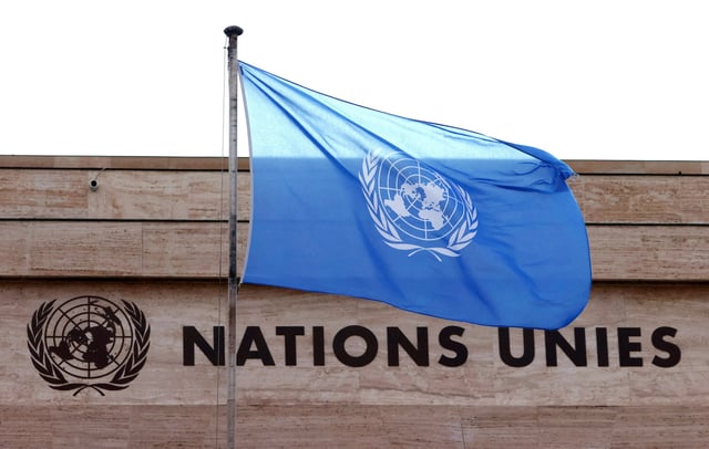 A flag is seen on a building of the United Nations in Geneva, Switzerland February 27, 2023. REUTERS/Denis Balibouse/File Photo
