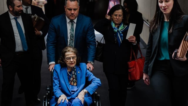 WASHINGTON, DC - MAY 11: Sen. Dianne Feinstein (D-CA) departs a Senate Judiciary Committee Hearing at the Hart Senate Office Building on Thursday, May 11, 2023 in Washington, DC. This was Feinstein's first hearing after fighting illness and being absent from the Senate for almost three months. (Kent Nishimura / Los Angeles Times)