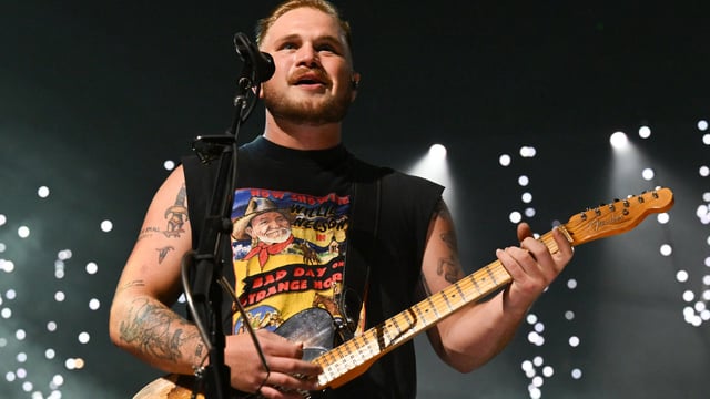 Zach Bryan performs during a concert held at the Crypto.com Arena on August 23, 2023 in Los Angeles, California. (Photo by Michael Buckner/Variety via Getty Images)